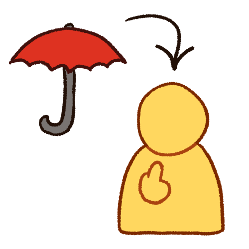 a drawing of an emoji yellow person with their hand by their chest pointing to themself. to their left is a red umbrella, with a black arrow pointing from the umbrella to the person.